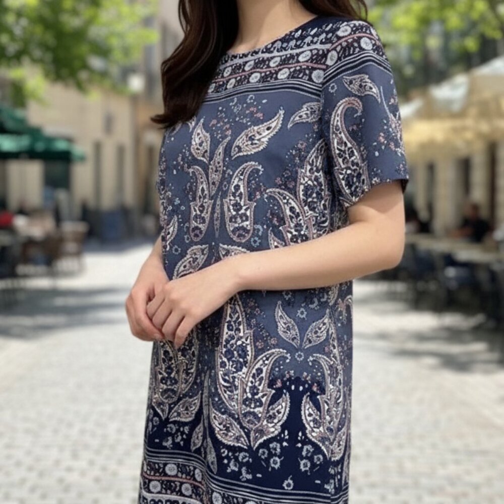 Blue Paisley Short Sleeve Shift Dress | Size M